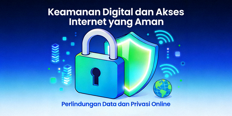 Ilustrasi keamanan digital dan akses internet yang aman dengan simbol gembok dan perisai