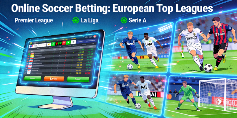 Ilustrasi taruhan sepak bola online dengan berbagai pertandingan liga utama Eropa